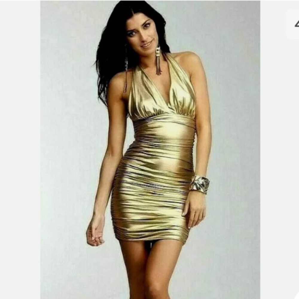 Bebe Gold Lame metallic Ruched Deep Plunge halter mini dress S